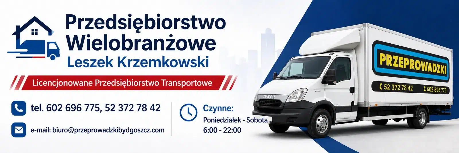 Baner Przeprowadzki Bydgoszcz z białą ciężarówką